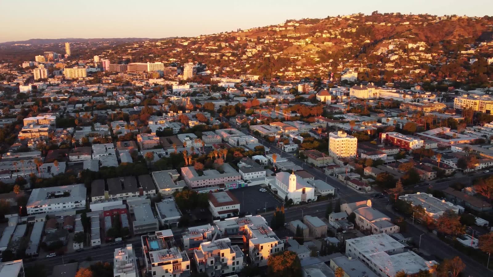 Aerial view over the Los Angeles Westside at sunset